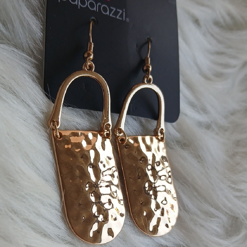 Paparazzi Gold Textured Earrings Modern Artisanal Design - Picture 2 of 6